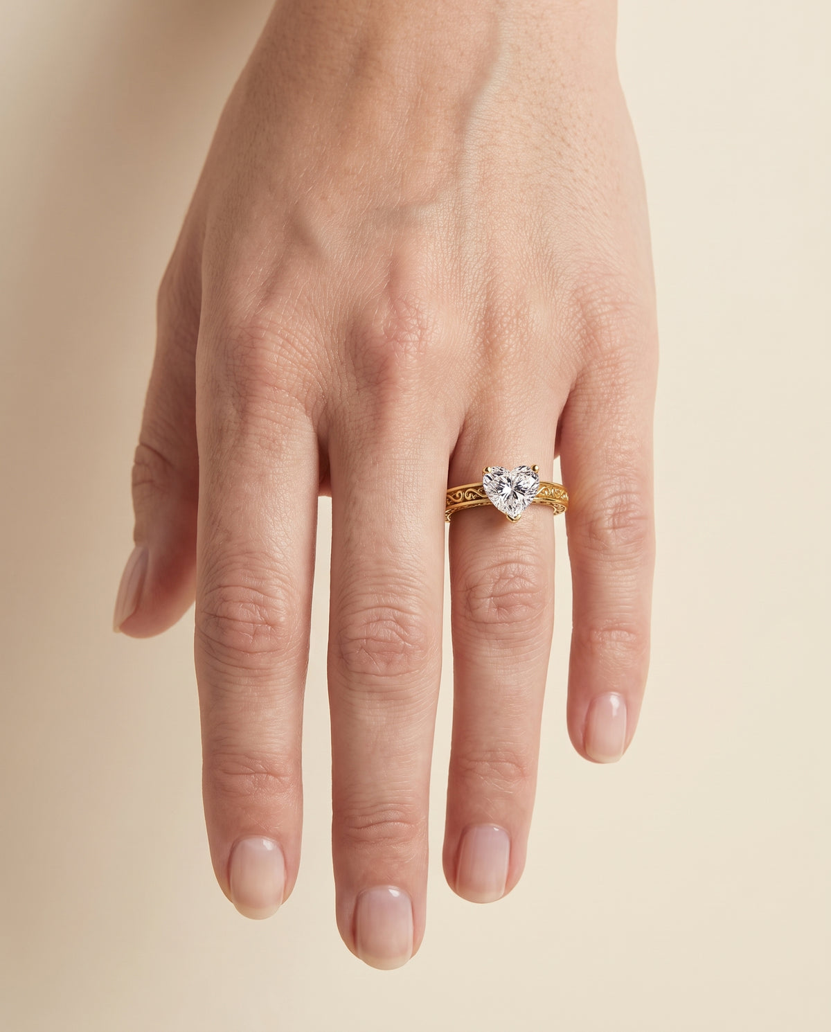 The Veronica Hand Engraved Scroll Vintage Solitaire Heart Engagement Ring Setting in 18K Yellow Gold