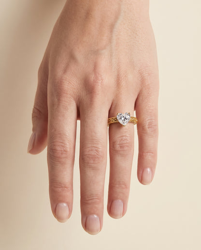 The Veronica Hand Engraved Scroll Vintage Solitaire Heart Engagement Ring Setting in 18K Yellow Gold