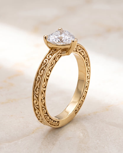 The Veronica Hand Engraved Scroll Vintage Solitaire Heart Engagement Ring Setting in 18K Yellow Gold