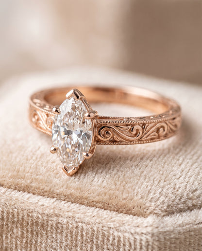 The Veronica Hand Engraved Scroll Vintage Solitaire Marquise Engagement Ring Setting in 14K Rose Gold