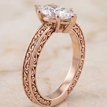 The Veronica Hand Engraved Scroll Vintage Solitaire Marquise Engagement Ring Setting in 14K Rose Gold
