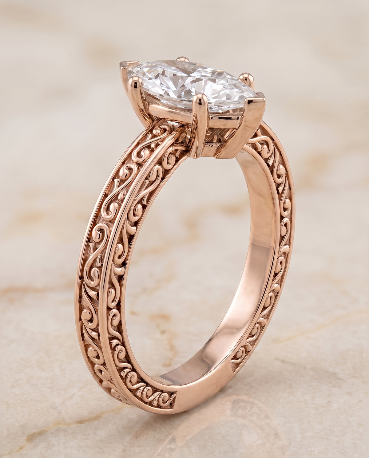 The Veronica Hand Engraved Scroll Vintage Solitaire Marquise Engagement Ring Setting in 14K Rose Gold