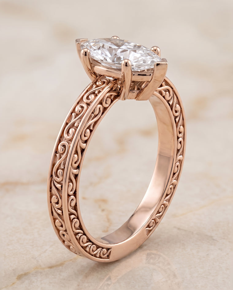 The Veronica Hand Engraved Scroll Vintage Solitaire Marquise Engagement Ring Setting in 14K Rose Gold