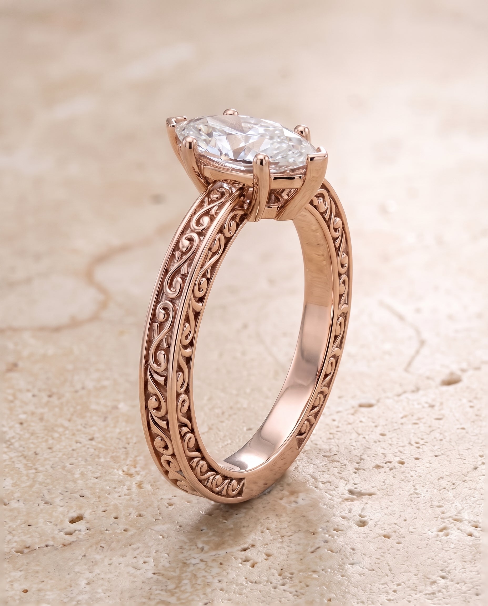 The Veronica Hand Engraved Scroll Vintage Solitaire Marquise Engagement Ring Setting in 14K Rose Gold