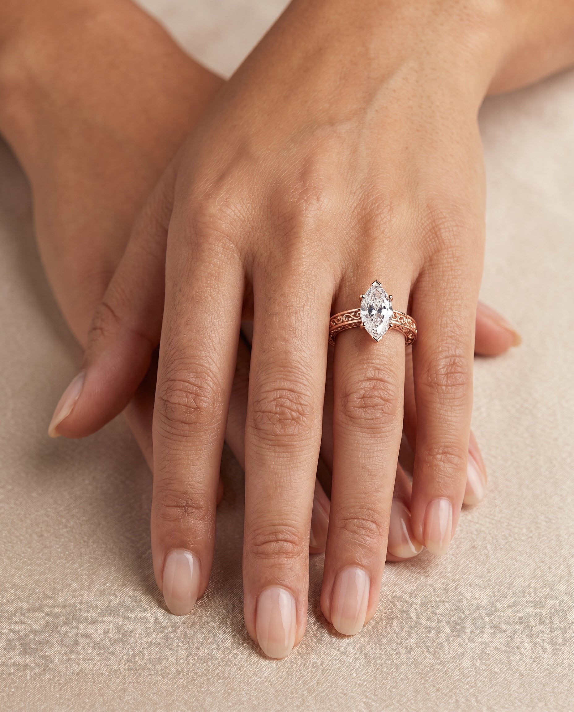 The Veronica Hand Engraved Scroll Vintage Solitaire Marquise Engagement Ring Setting in 14K Rose Gold