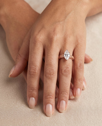 The Veronica Hand Engraved Scroll Vintage Solitaire Marquise Engagement Ring Setting in 14K Rose Gold