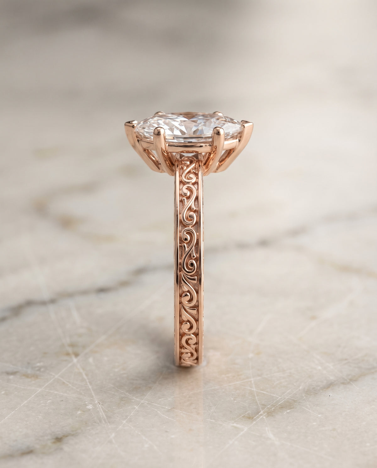 The Veronica Hand Engraved Scroll Vintage Solitaire Marquise Engagement Ring Setting in 14K Rose Gold