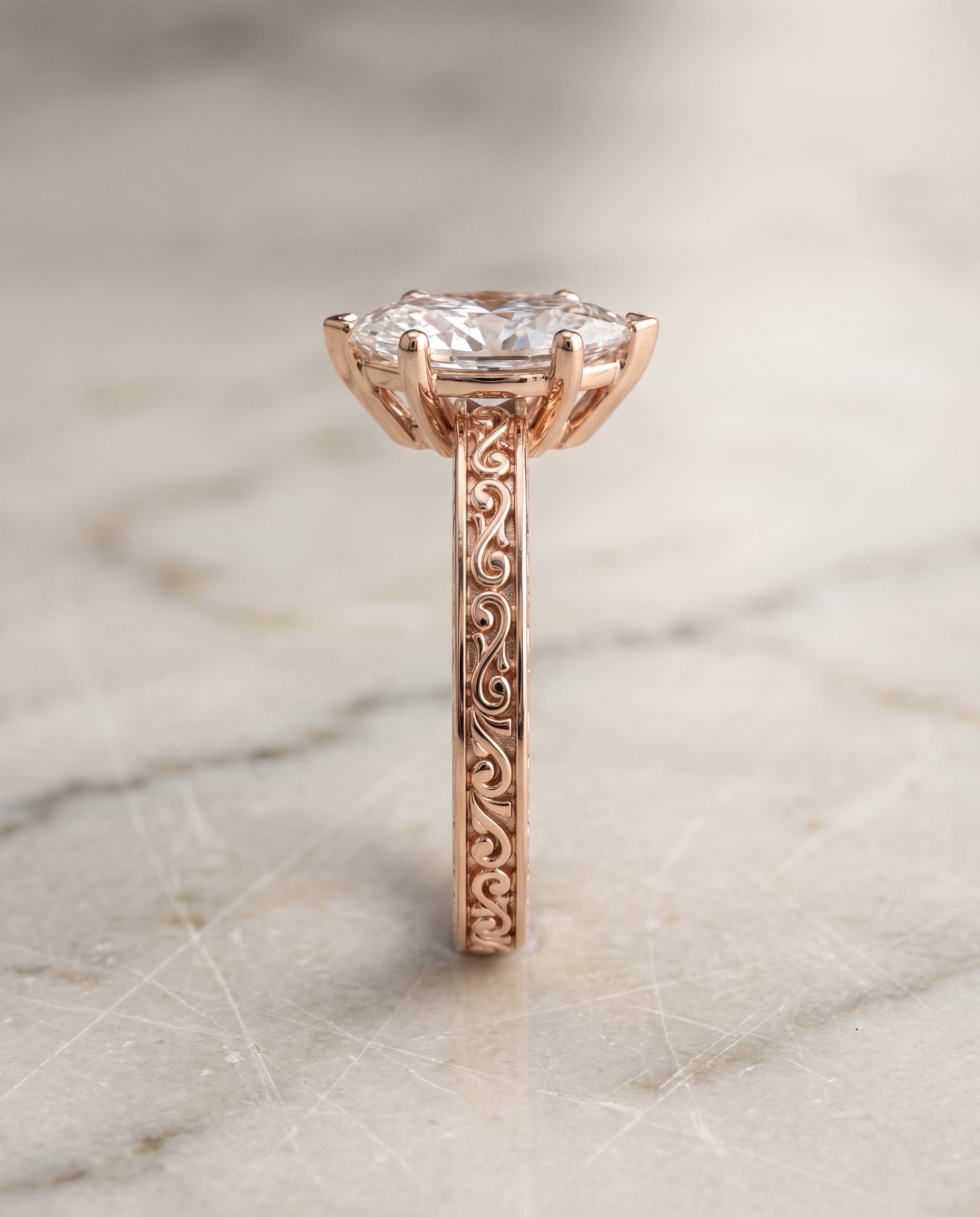 The Veronica Hand Engraved Scroll Vintage Solitaire Marquise Engagement Ring Setting in 14K Rose Gold