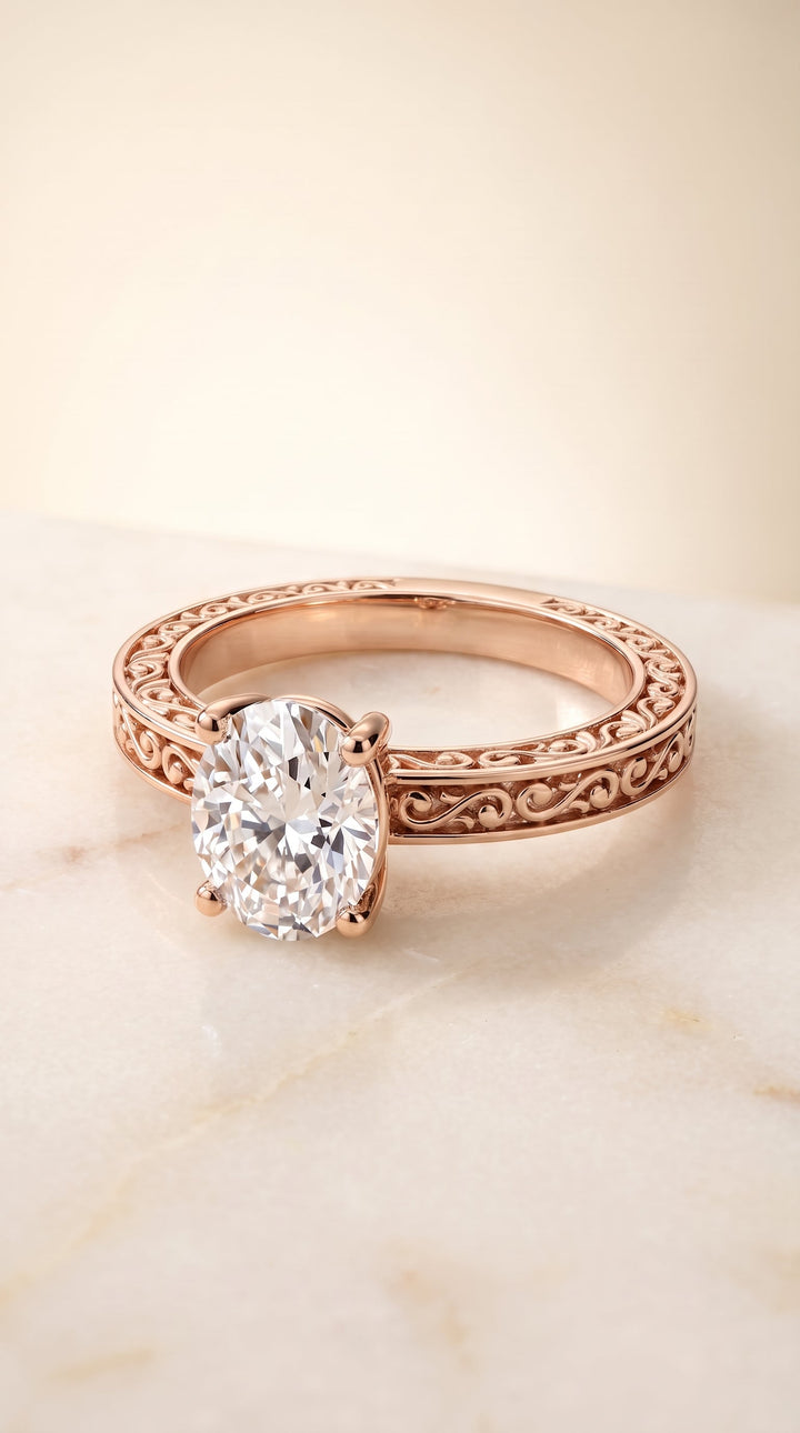 Veronica Select Vintage Solitaire Oval Lab Diamond Engagement Ring in 14K Rose Gold, shown on hand, angled | RockHer
