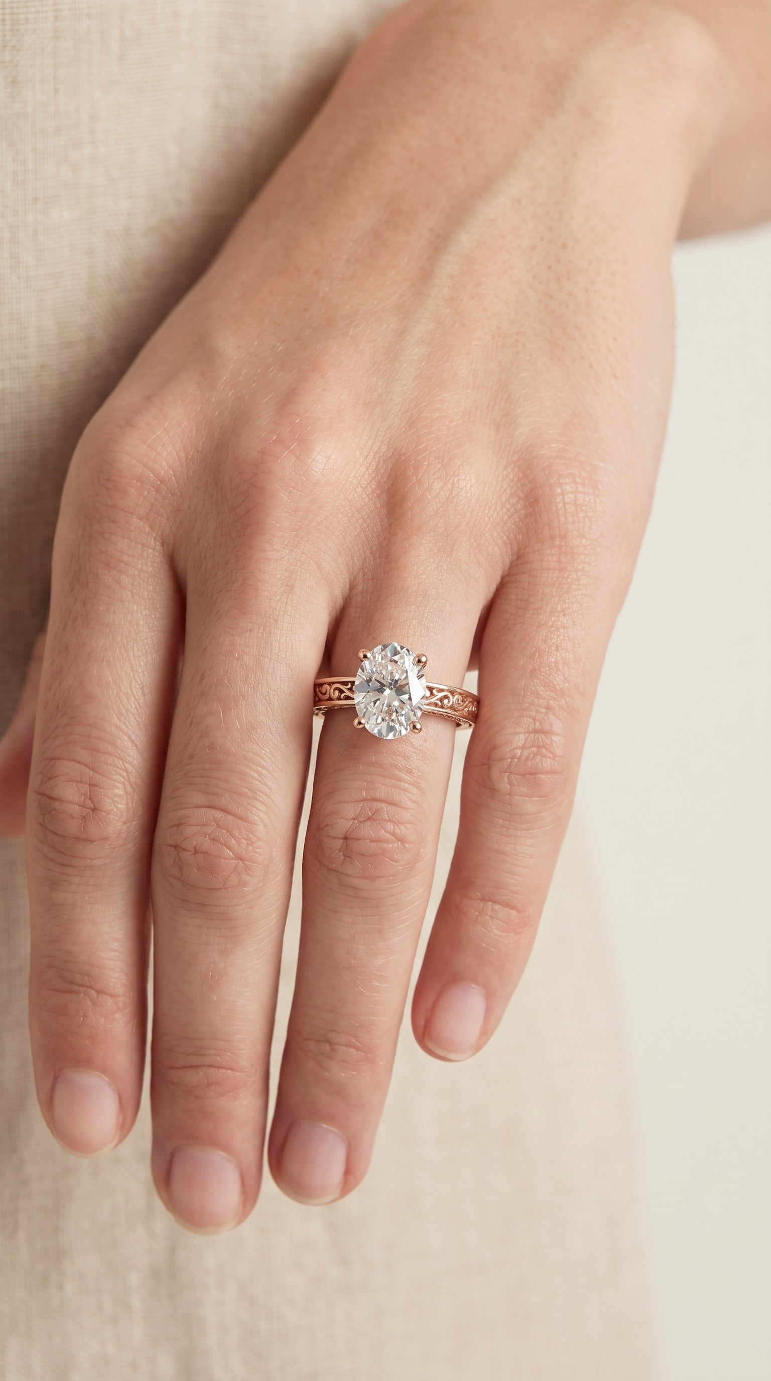 The Veronica engagement ring setting in 14K Rose Gold, hand engraved scroll vintage solitaire design | RockHer