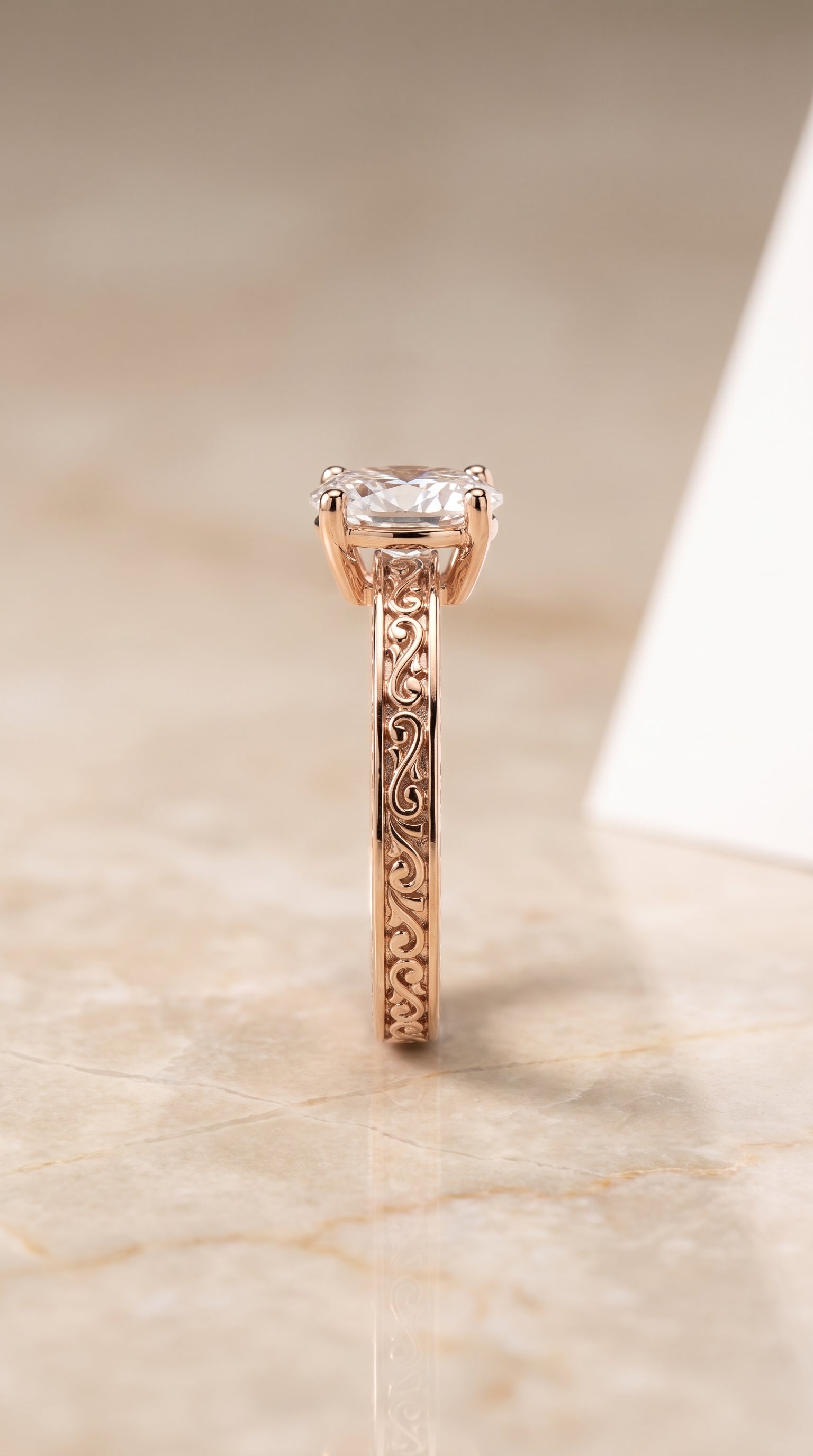 Hand Engraved Scroll Vintage Solitaire styling on The Veronica oval engagement ring setting | RockHer