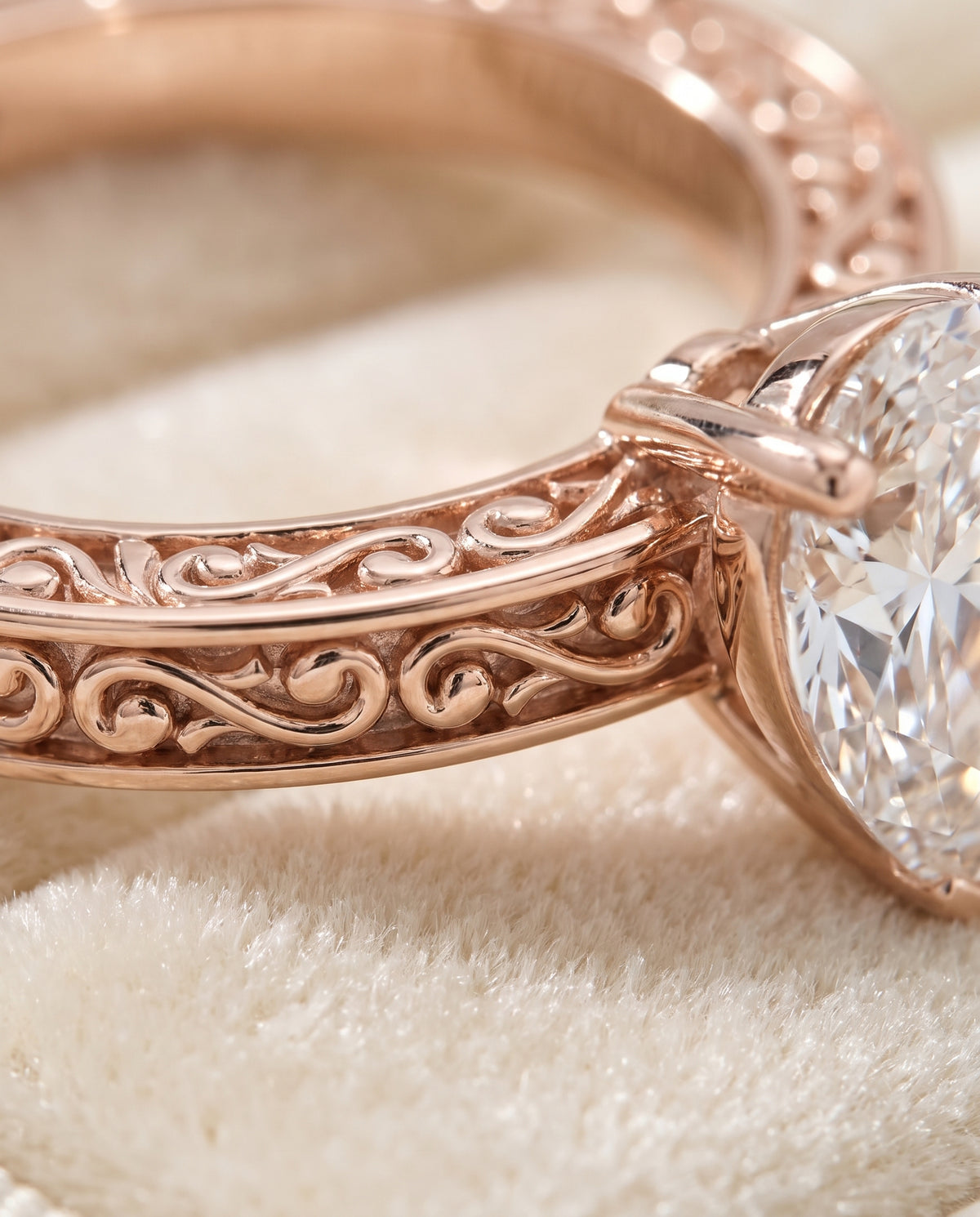 The Veronica Hand Engraved Scroll Vintage Solitaire Pear Engagement Ring Setting in 14K Rose Gold