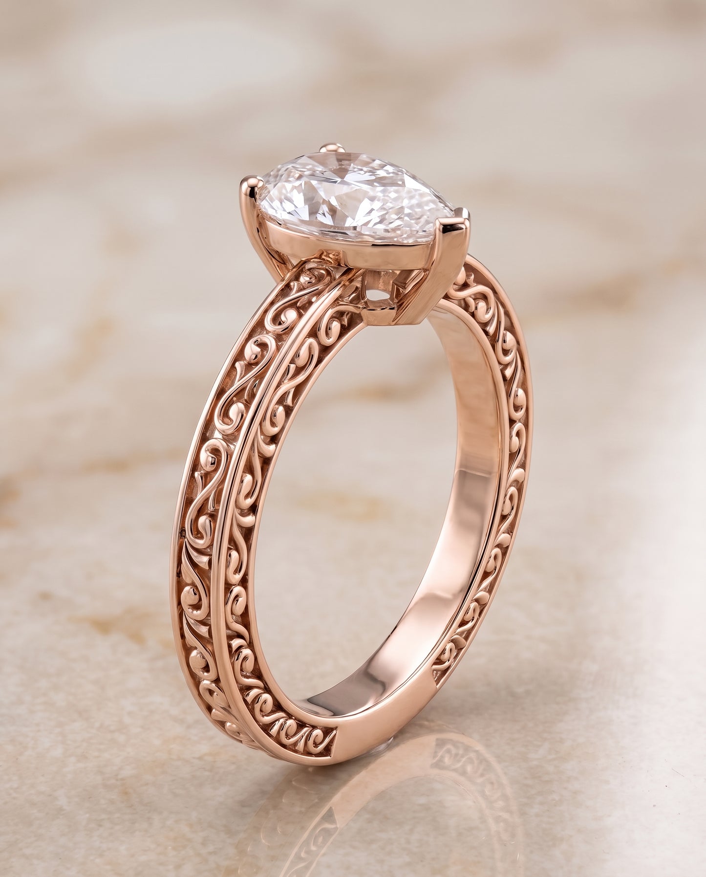 The Veronica Hand Engraved Scroll Vintage Solitaire Pear Engagement Ring Setting in 14K Rose Gold