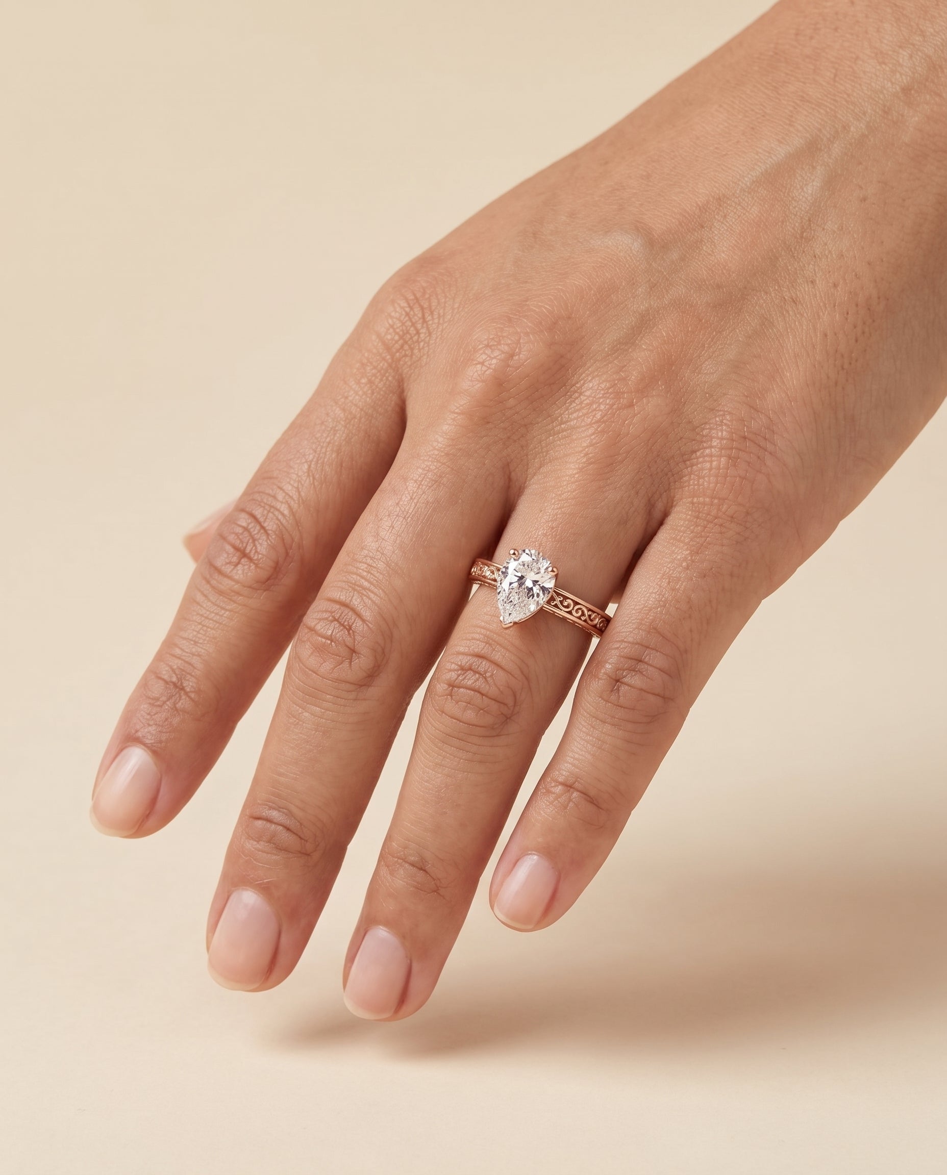 The Veronica Hand Engraved Scroll Vintage Solitaire Pear Engagement Ring Setting in 14K Rose Gold