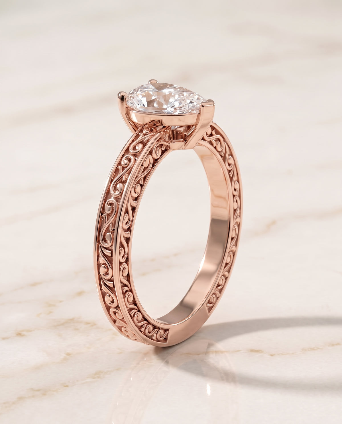The Veronica Hand Engraved Scroll Vintage Solitaire Pear Engagement Ring Setting in 14K Rose Gold