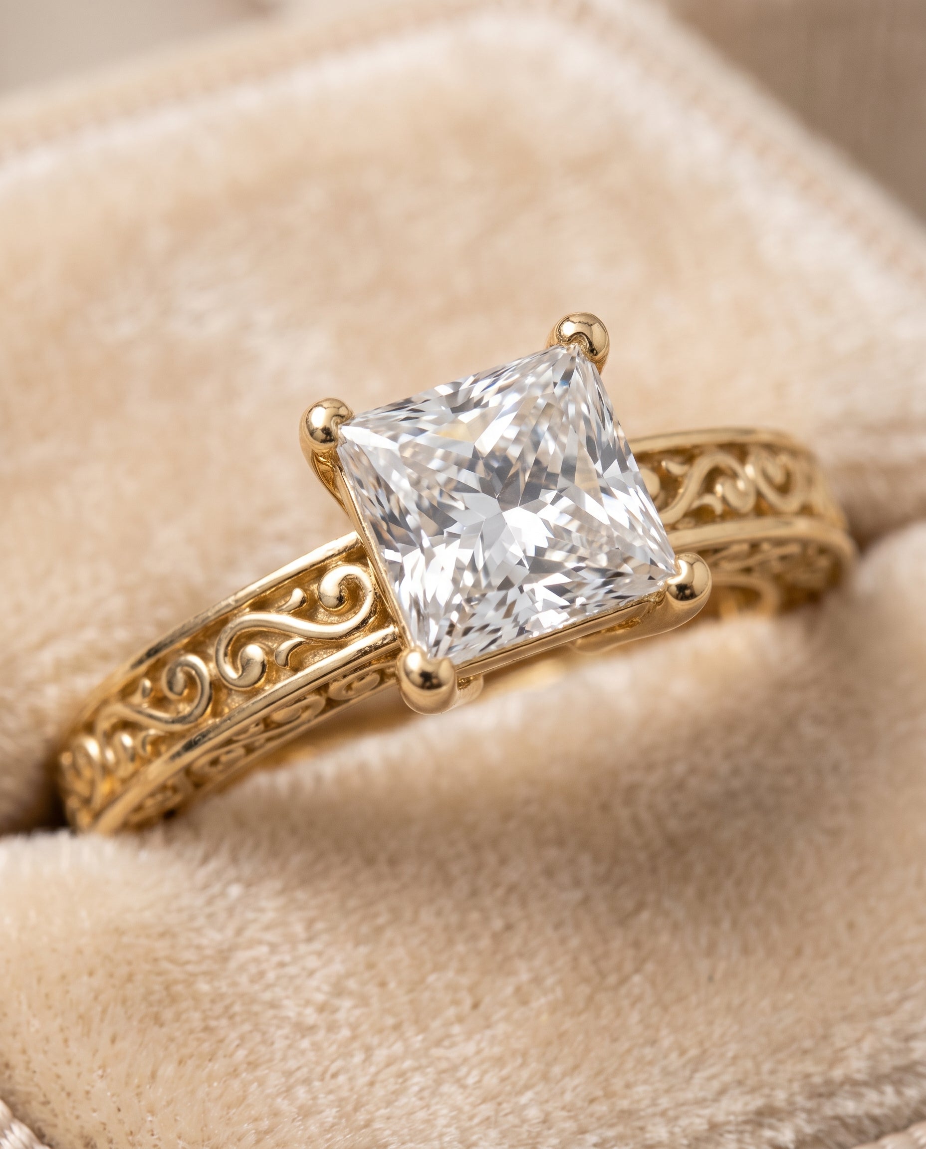 18K Yellow Gold band of The Veronica princess engagement ring setting | RockHer