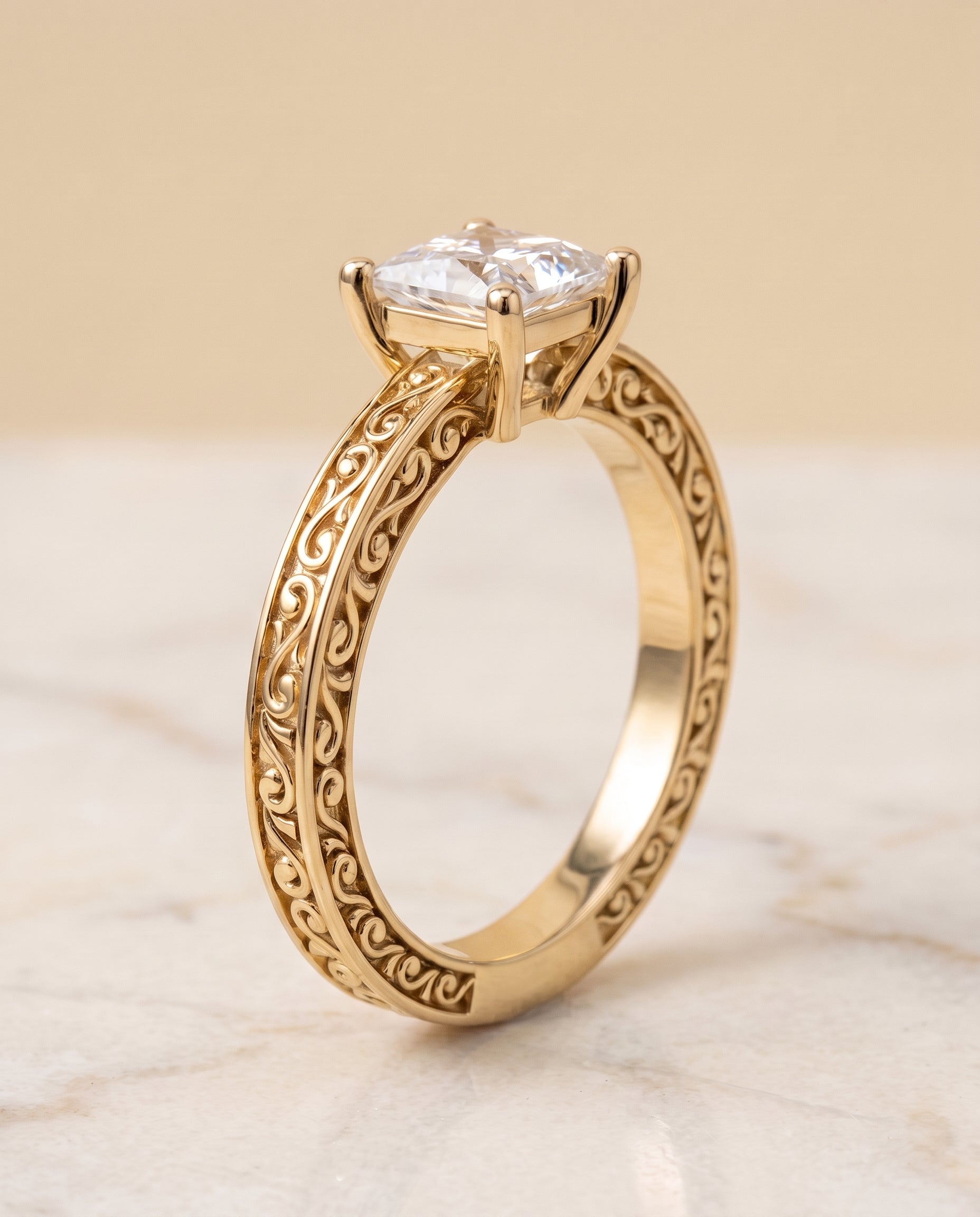 Hand Engraved Scroll Vintage Solitaire styling on The Veronica princess engagement ring setting | RockHer