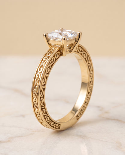 The Veronica Hand Engraved Scroll Vintage Solitaire Princess Cut Engagement Ring Setting in 18K Yellow Gold