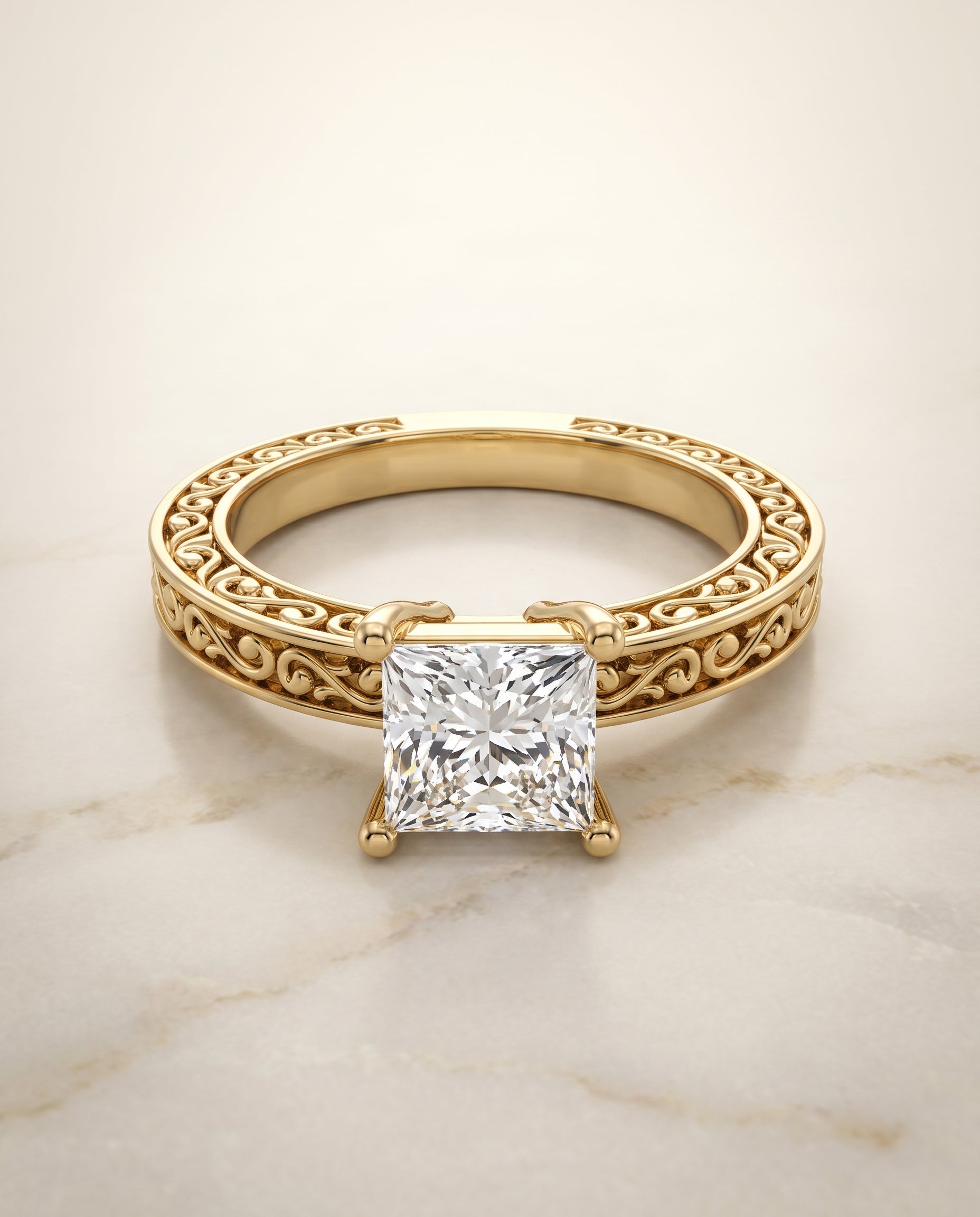 The Veronica Hand Engraved Scroll Vintage Solitaire Princess Cut Engagement Ring Setting in 18K Yellow Gold