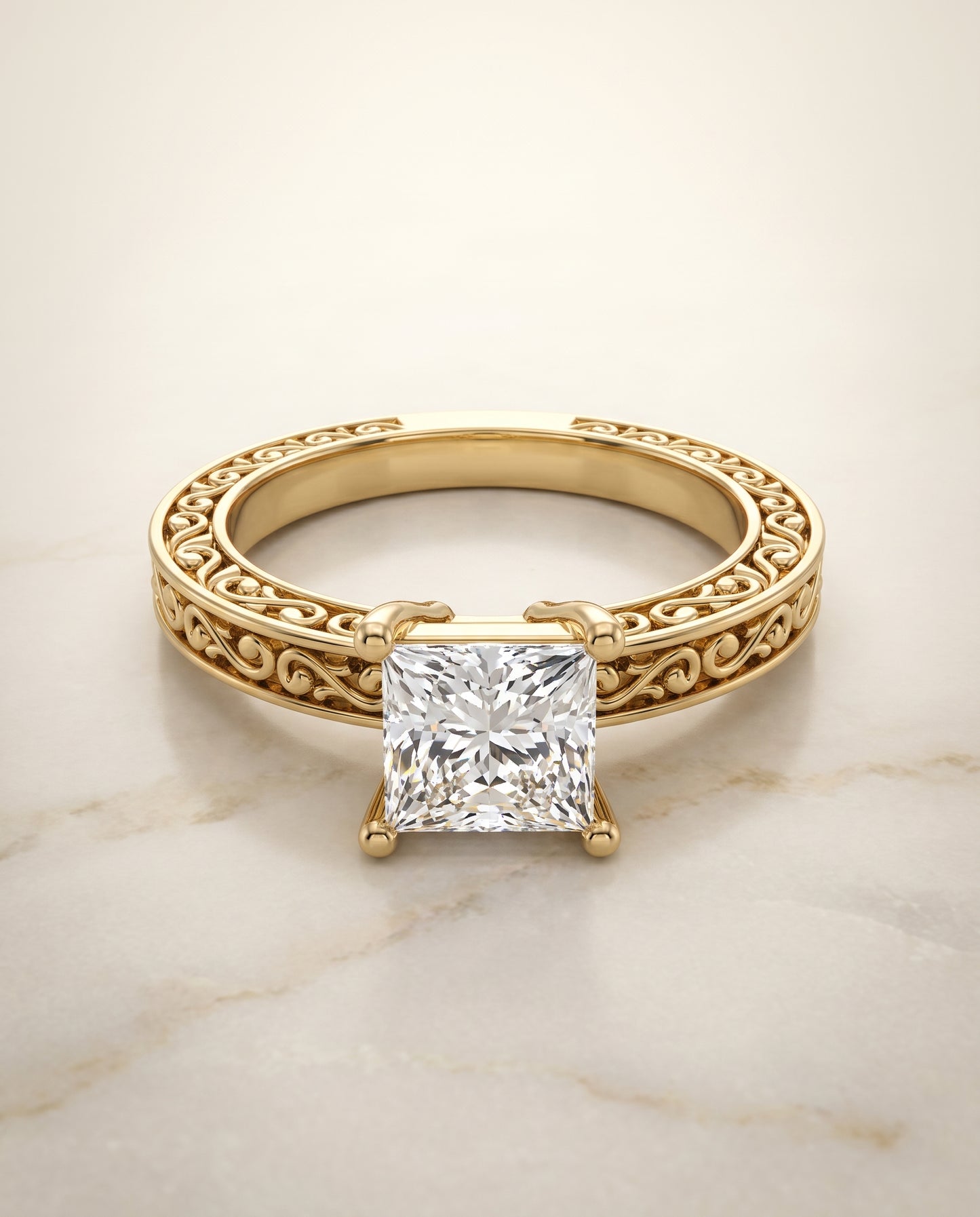 The Veronica Hand Engraved Scroll Vintage Solitaire Princess Cut Engagement Ring Setting in 18K Yellow Gold