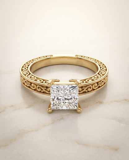 The Veronica Hand Engraved Scroll Vintage Solitaire Princess Cut Engagement Ring Setting in 18K Yellow Gold