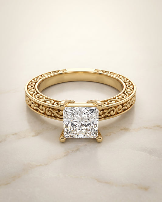 The Veronica Hand Engraved Scroll Vintage Solitaire Princess Cut Engagement Ring Setting in 18K Yellow Gold