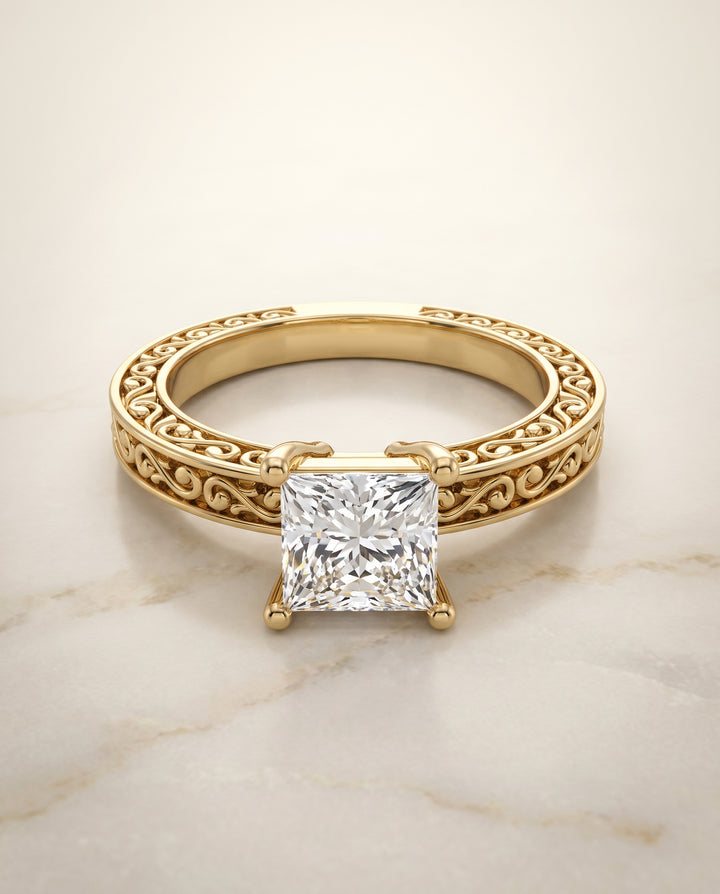 The Veronica Hand Engraved Scroll Vintage Solitaire Princess Cut Engagement Ring Setting in 18K Yellow Gold