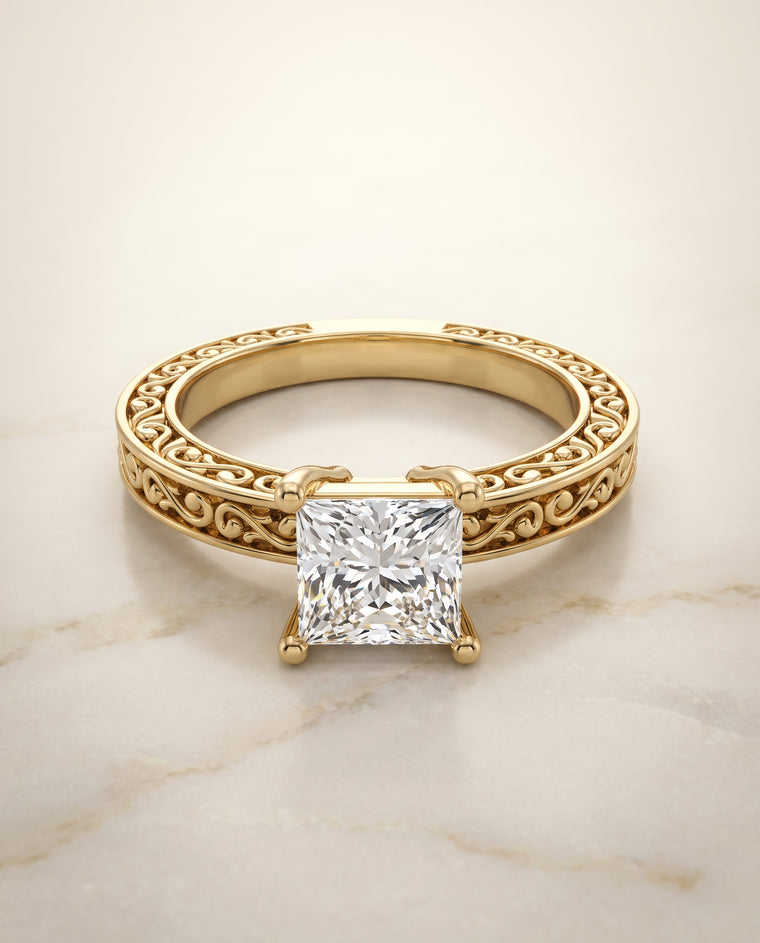 The Veronica Hand Engraved Scroll Vintage Solitaire Princess Cut Engagement Ring Setting in 18K Yellow Gold