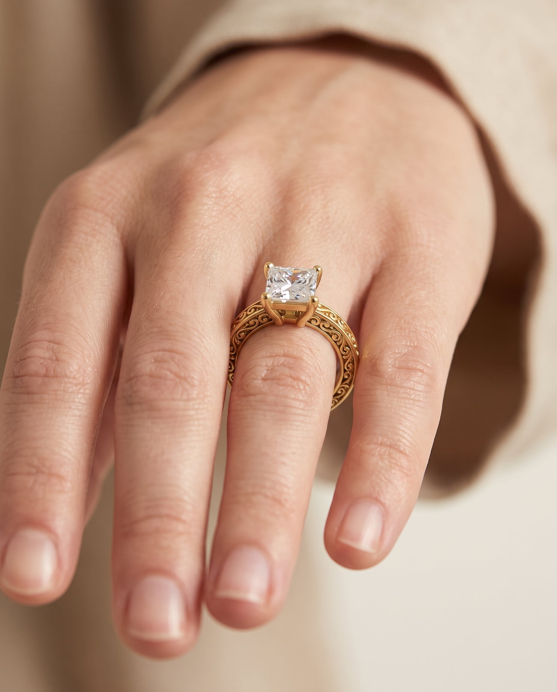 The Veronica engagement ring setting in 18K Yellow Gold, hand engraved scroll vintage solitaire design | RockHer