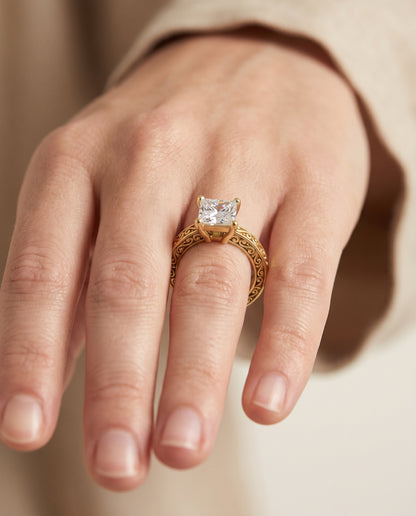 The Veronica Hand Engraved Scroll Vintage Solitaire Princess Cut Engagement Ring Setting in 18K Yellow Gold