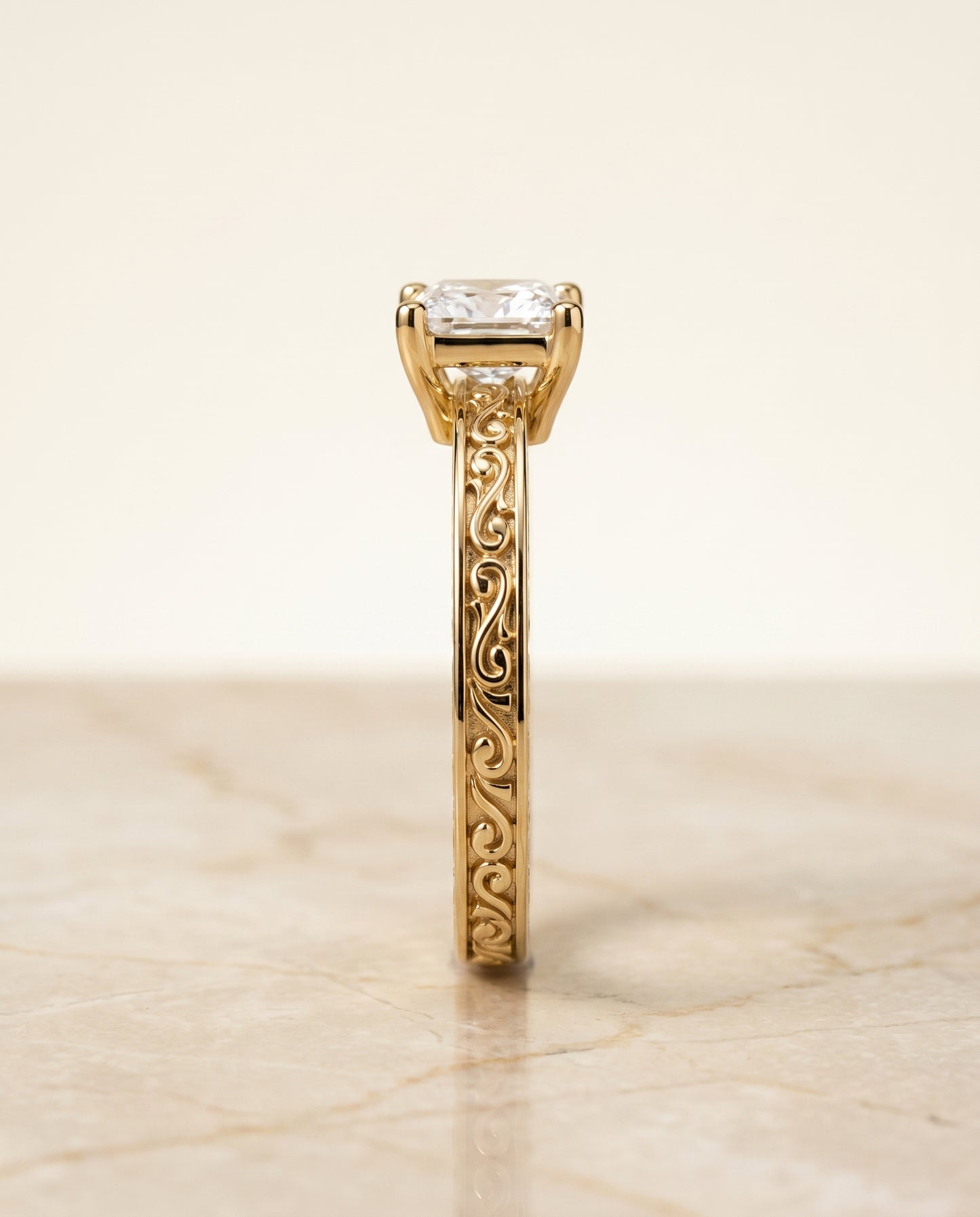 The Veronica Hand Engraved Scroll Vintage Solitaire Princess Cut Engagement Ring Setting in 18K Yellow Gold
