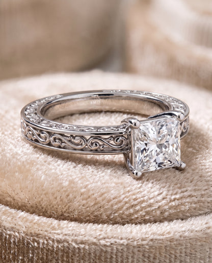 The Veronica Hand Engraved Scroll Vintage Solitaire Princess Cut Engagement Ring Setting in 18K White Gold