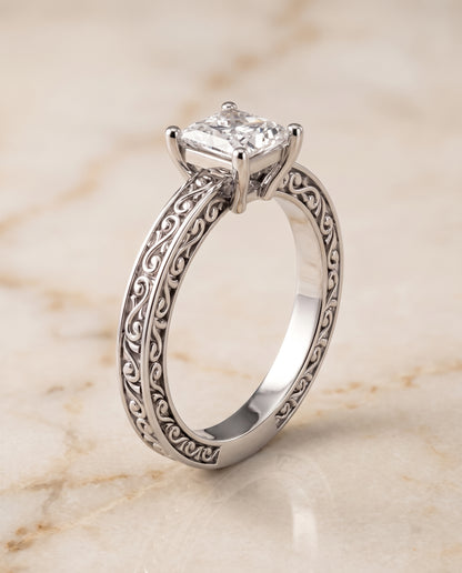 The Veronica Hand Engraved Scroll Vintage Solitaire Princess Cut Engagement Ring Setting in 18K White Gold