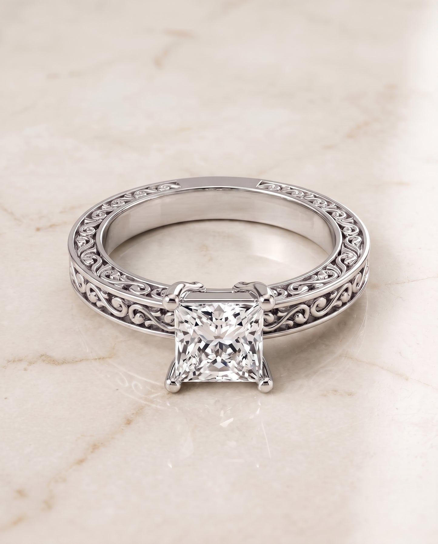 The Veronica Hand Engraved Scroll Vintage Solitaire Princess Cut Engagement Ring Setting in 18K White Gold