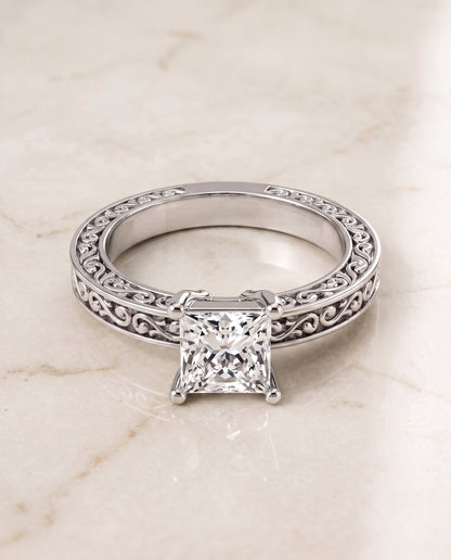 The Veronica Hand Engraved Scroll Vintage Solitaire Princess Cut Engagement Ring Setting in 18K White Gold