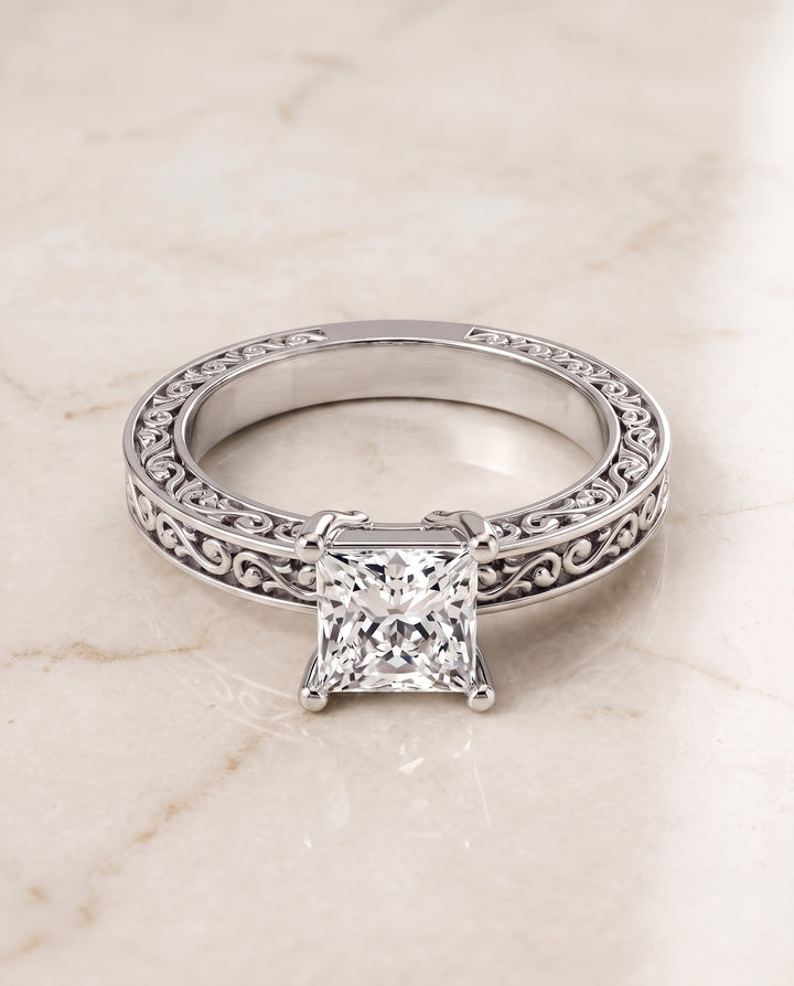 The Veronica Hand Engraved Scroll Vintage Solitaire Princess Cut Engagement Ring Setting in Platinum