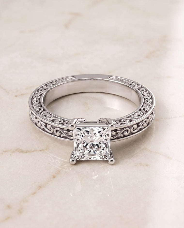 The Veronica Hand Engraved Scroll Vintage Solitaire Princess Cut Engagement Ring Setting in 18K White Gold