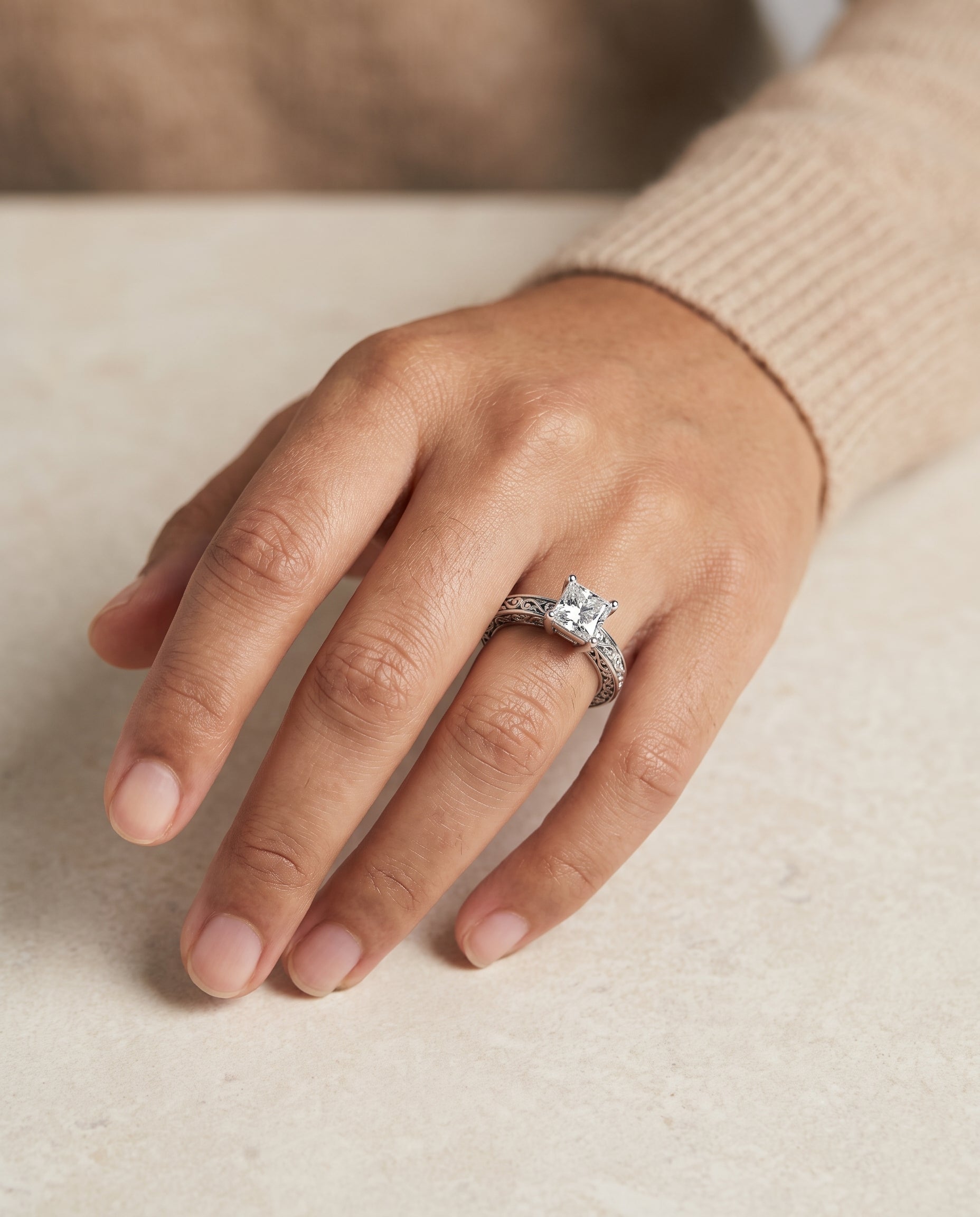 The Veronica Hand Engraved Scroll Vintage Solitaire Princess Cut Engagement Ring Setting in 18K White Gold