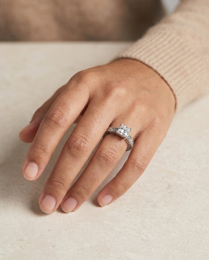 The Veronica Hand Engraved Scroll Vintage Solitaire Princess Cut Engagement Ring Setting in 18K White Gold