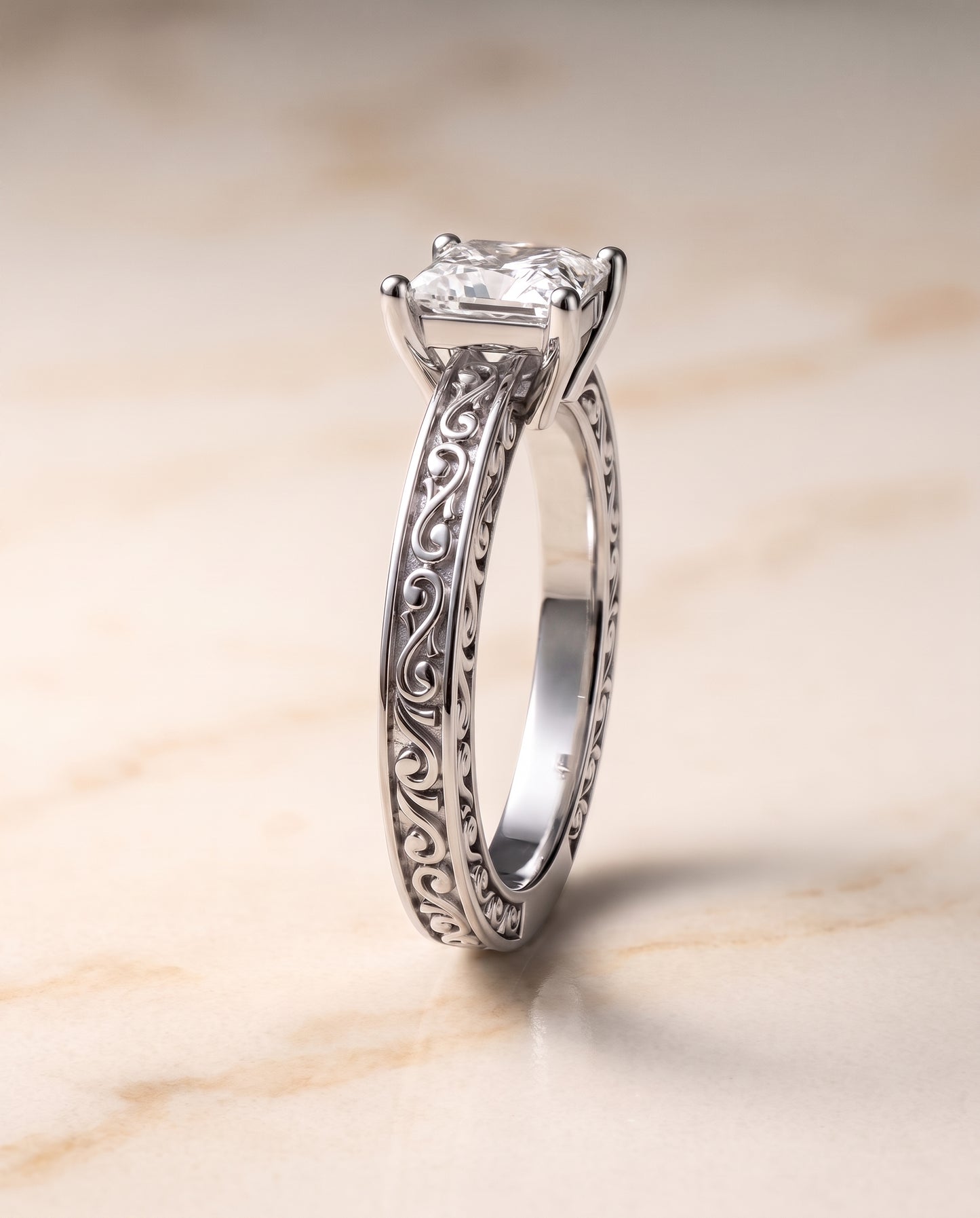The Veronica Hand Engraved Scroll Vintage Solitaire Princess Cut Engagement Ring Setting in 18K White Gold