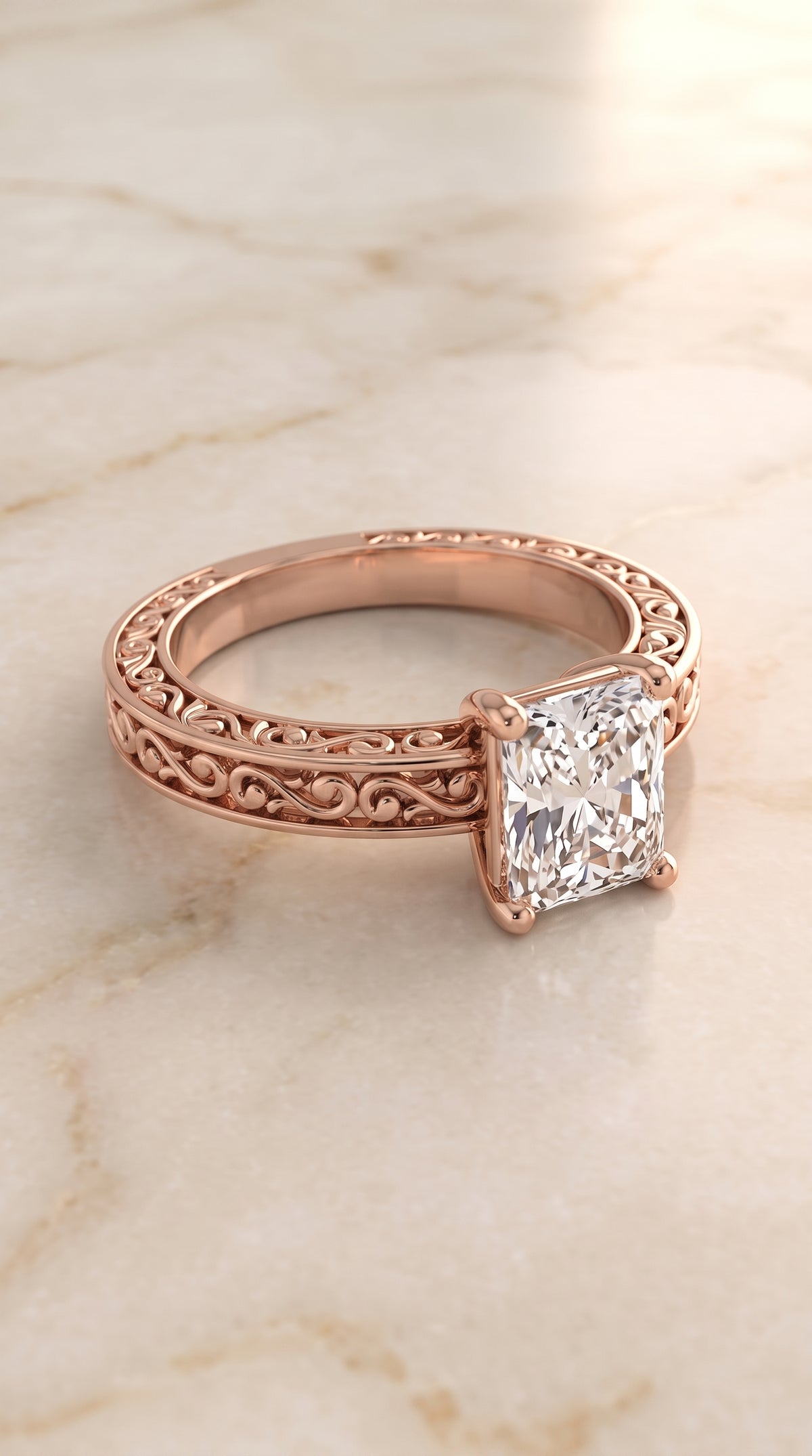 The Veronica Hand Engraved Scroll Vintage Solitaire Radiant Cut Engagement Ring Setting in 14K Rose Gold