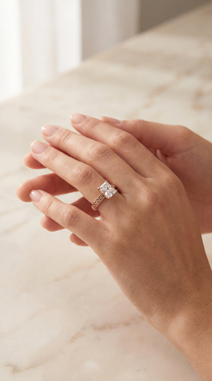 The Veronica Hand Engraved Scroll Vintage Solitaire Radiant Cut Engagement Ring Setting in 14K Rose Gold