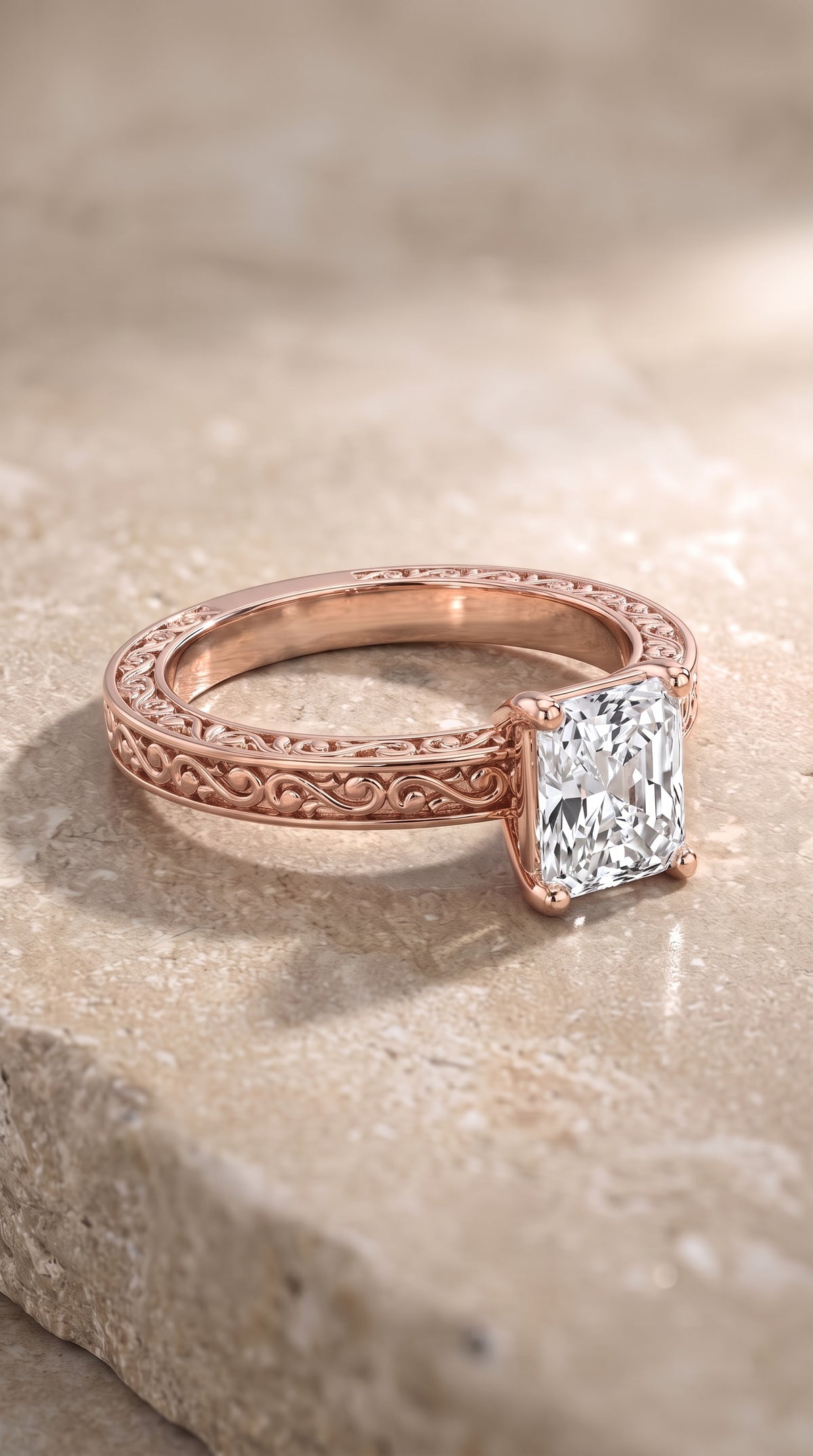 The Veronica Hand Engraved Scroll Vintage Solitaire Radiant Cut Engagement Ring Setting in 14K Rose Gold