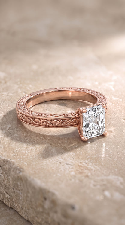 The Veronica Hand Engraved Scroll Vintage Solitaire Radiant Cut Engagement Ring Setting in 14K Rose Gold