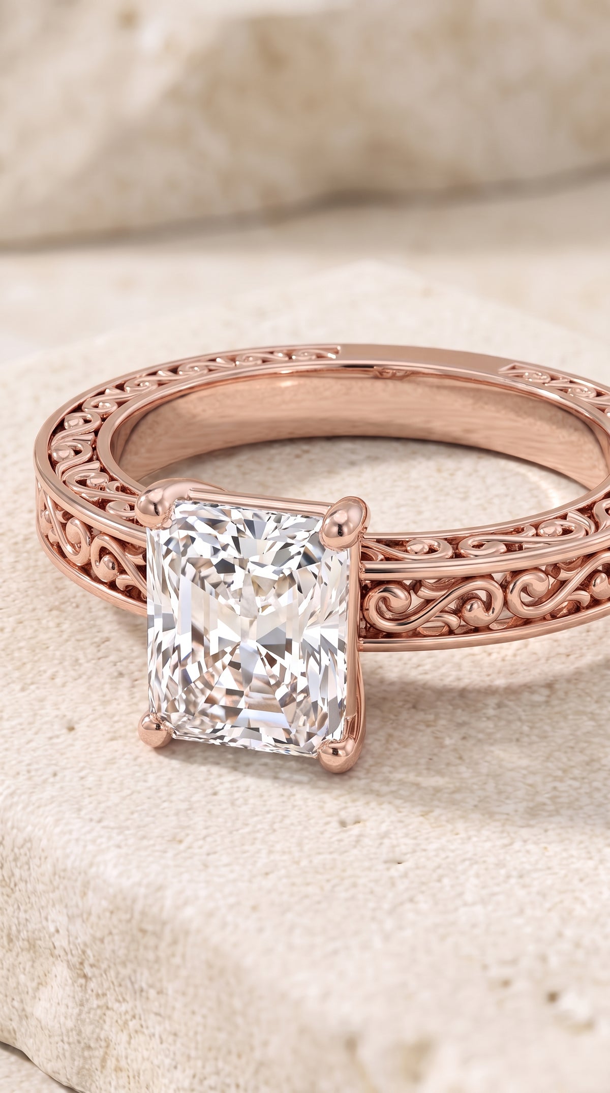 The Veronica Hand Engraved Scroll Vintage Solitaire Radiant Cut Engagement Ring Setting in 14K Rose Gold