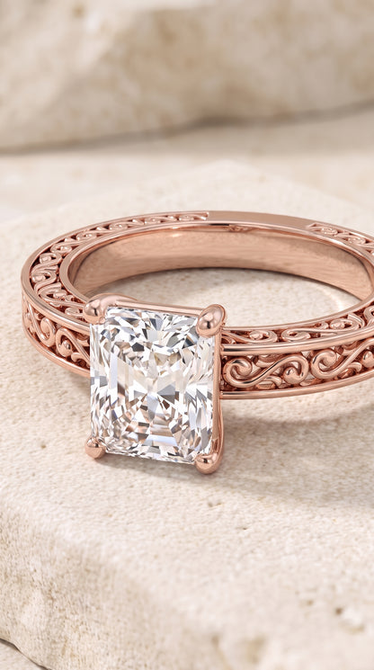 The Veronica Hand Engraved Scroll Vintage Solitaire Radiant Cut Engagement Ring Setting in 14K Rose Gold