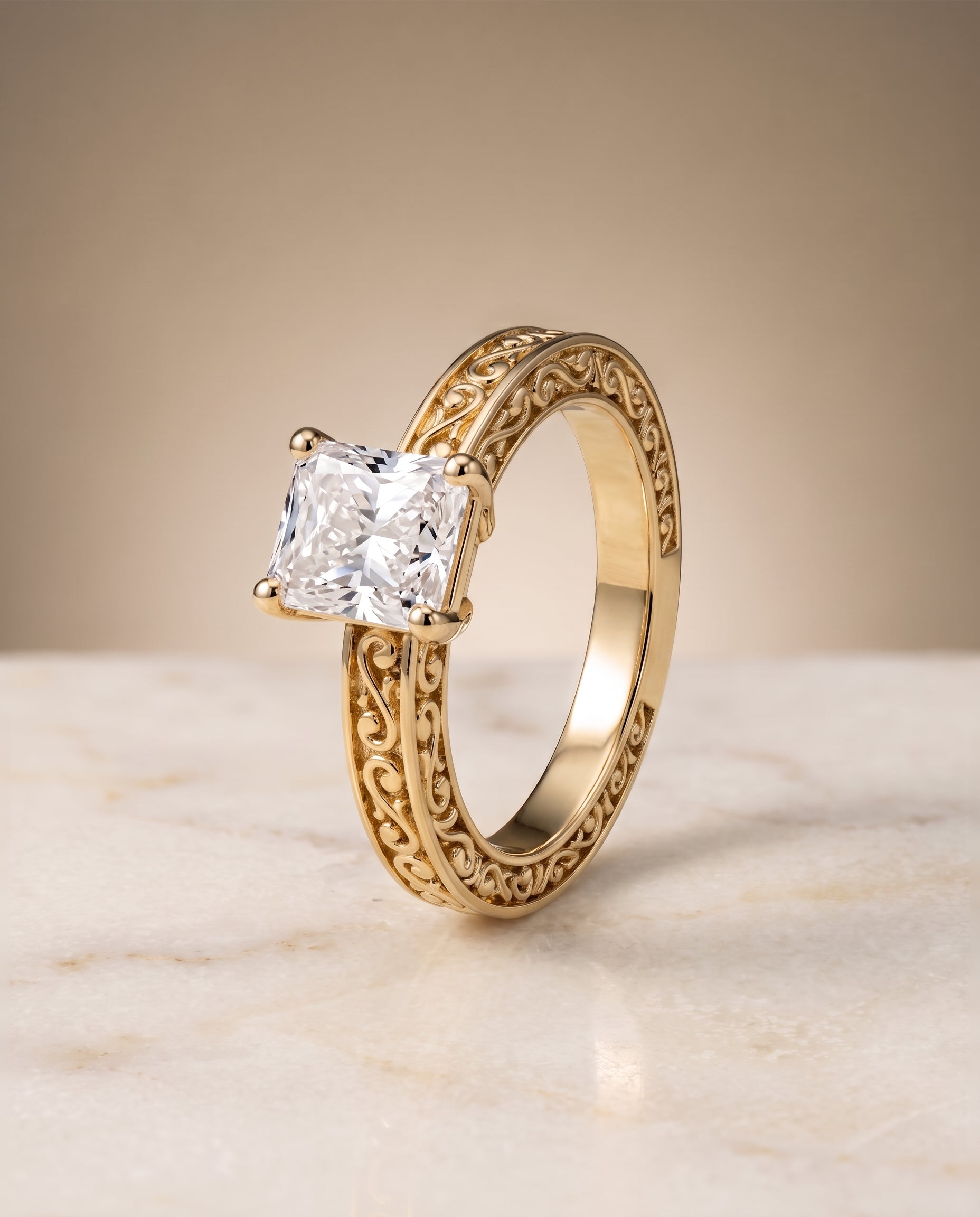 Hand Engraved Scroll Vintage Solitaire Cut styling on The Veronica radiant engagement ring setting | RockHer