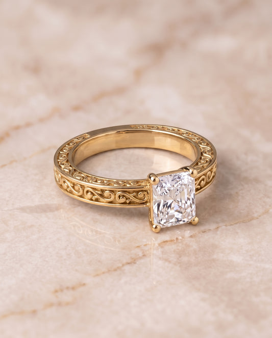 The Veronica Hand Engraved Scroll Vintage Solitaire Radiant Cut Engagement Ring Setting in 18K Yellow Gold