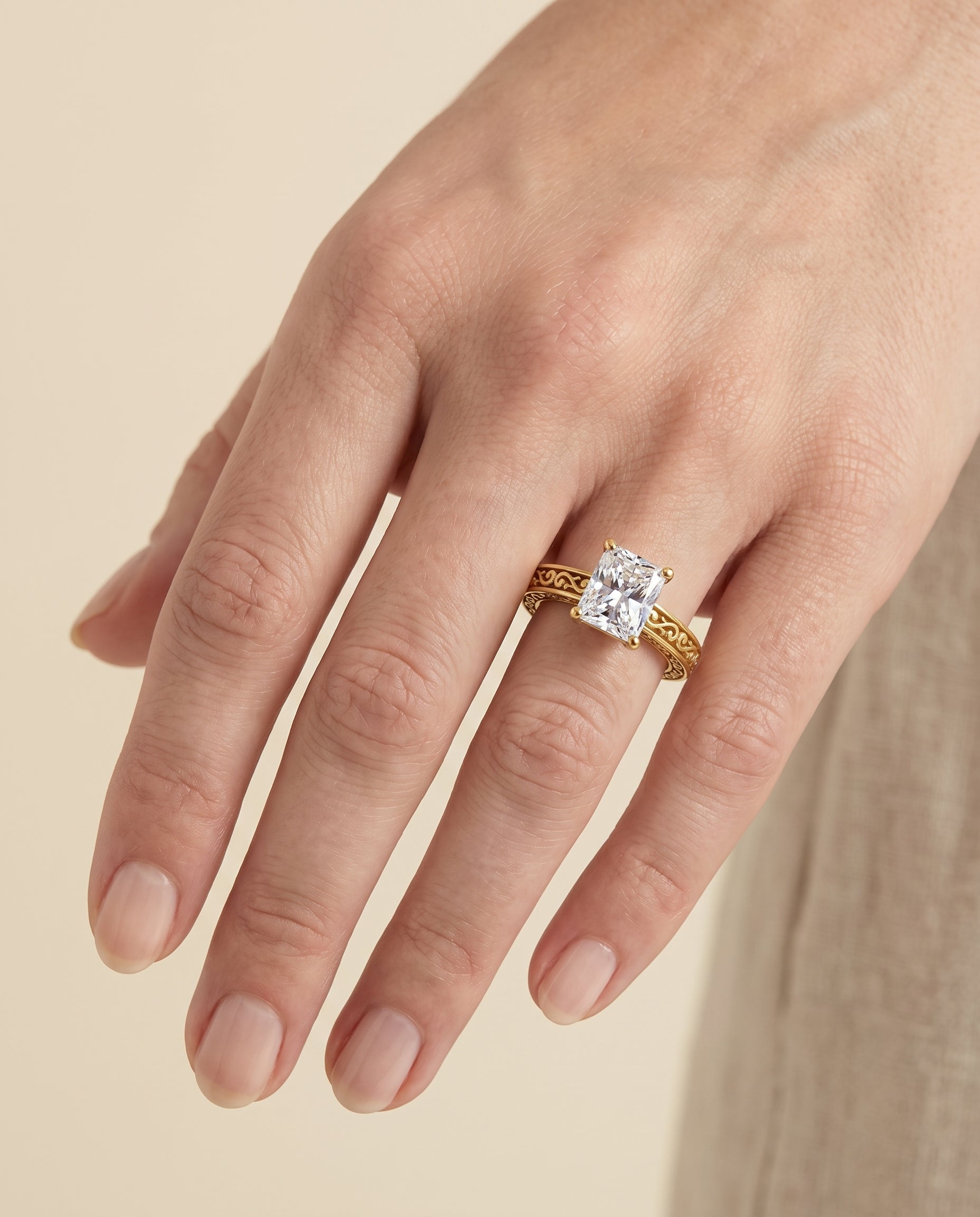 The Veronica engagement ring setting in 18K Yellow Gold, hand engraved scroll vintage solitaire cut design | RockHer