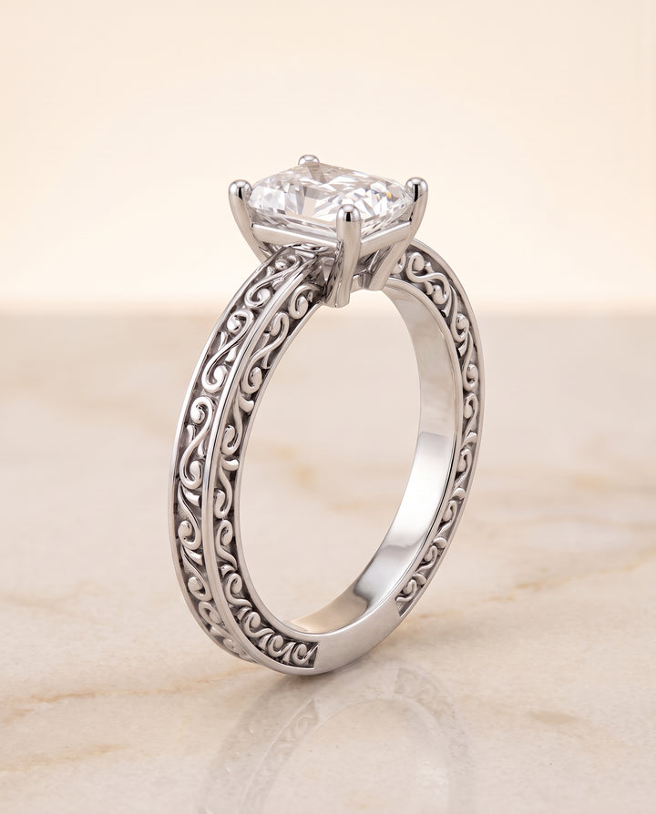 The Veronica Hand Engraved Scroll Vintage Solitaire Radiant Cut Engagement Ring Setting in Platinum